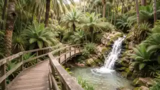 Vegetación tropical y pasarelas de madera en el Bioparc de Fuengirola