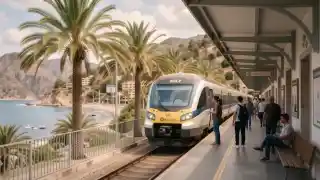Tren de Cercanías llegando a una estación costera de Fuengirola