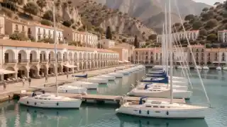 Puerto Marina de Benalmádena con veleros y edificios blancos