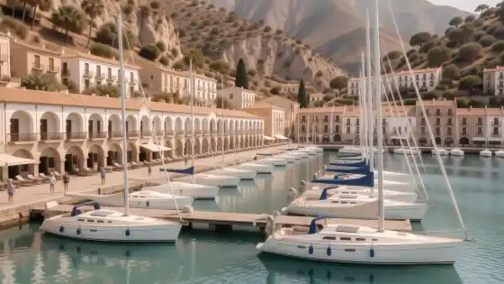 Puerto Marina de Benalmádena con veleros y edificios blancos