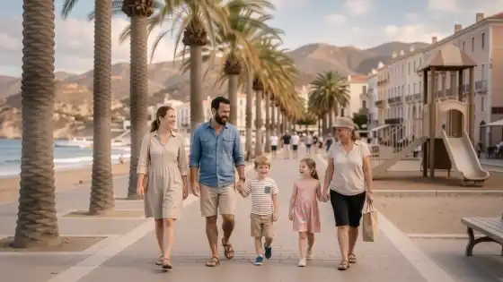 Familia paseando por el paseo marítimo de Fuengirola junto a la playa