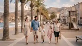 Familia paseando por el paseo marítimo de Fuengirola junto a la playa