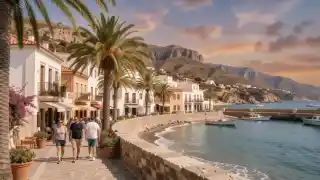 Elegante paseo marítimo mediterráneo con palmeras y edificios blancos