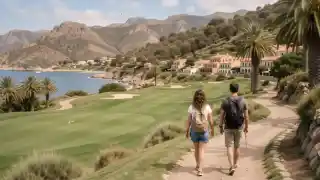 Campo de golf verde con palmeras y el Mediterráneo al fondo en Fuengirola