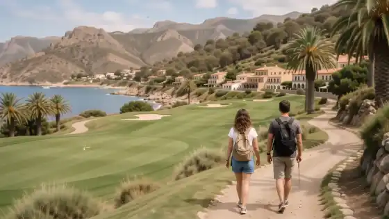 Campo de golf verde con palmeras y el Mediterráneo al fondo en Fuengirola