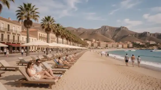 Playa de Los Boliches en Fuengirola con arena, hamacas y paseo marítimo