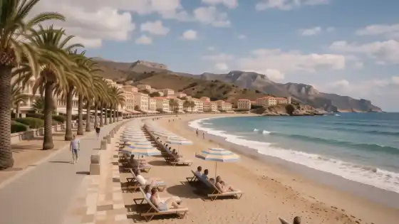 Playa de arena de Fuengirola con hamacas y paseo marítimo con palmeras