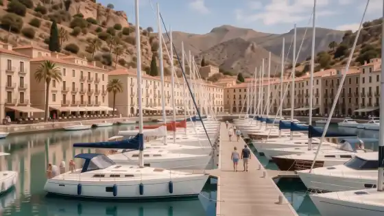 Puerto deportivo de Fuengirola con veleros y yates amarrados